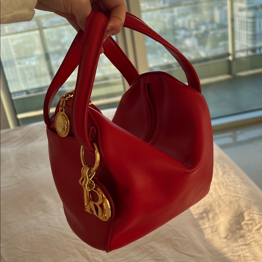 Dior vintage red calfskin leather small pleated bag with gold hardware